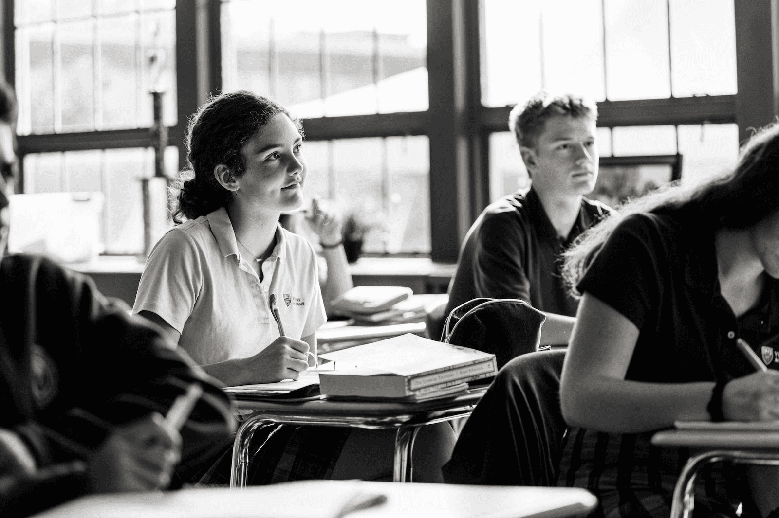 students in classroom b&w